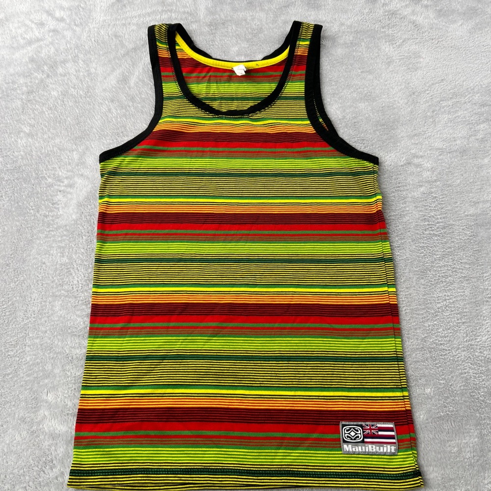 MauiBuilt Rasta Striped Tank Top Small Multicolor Men Surf Beach Hawaii Logo